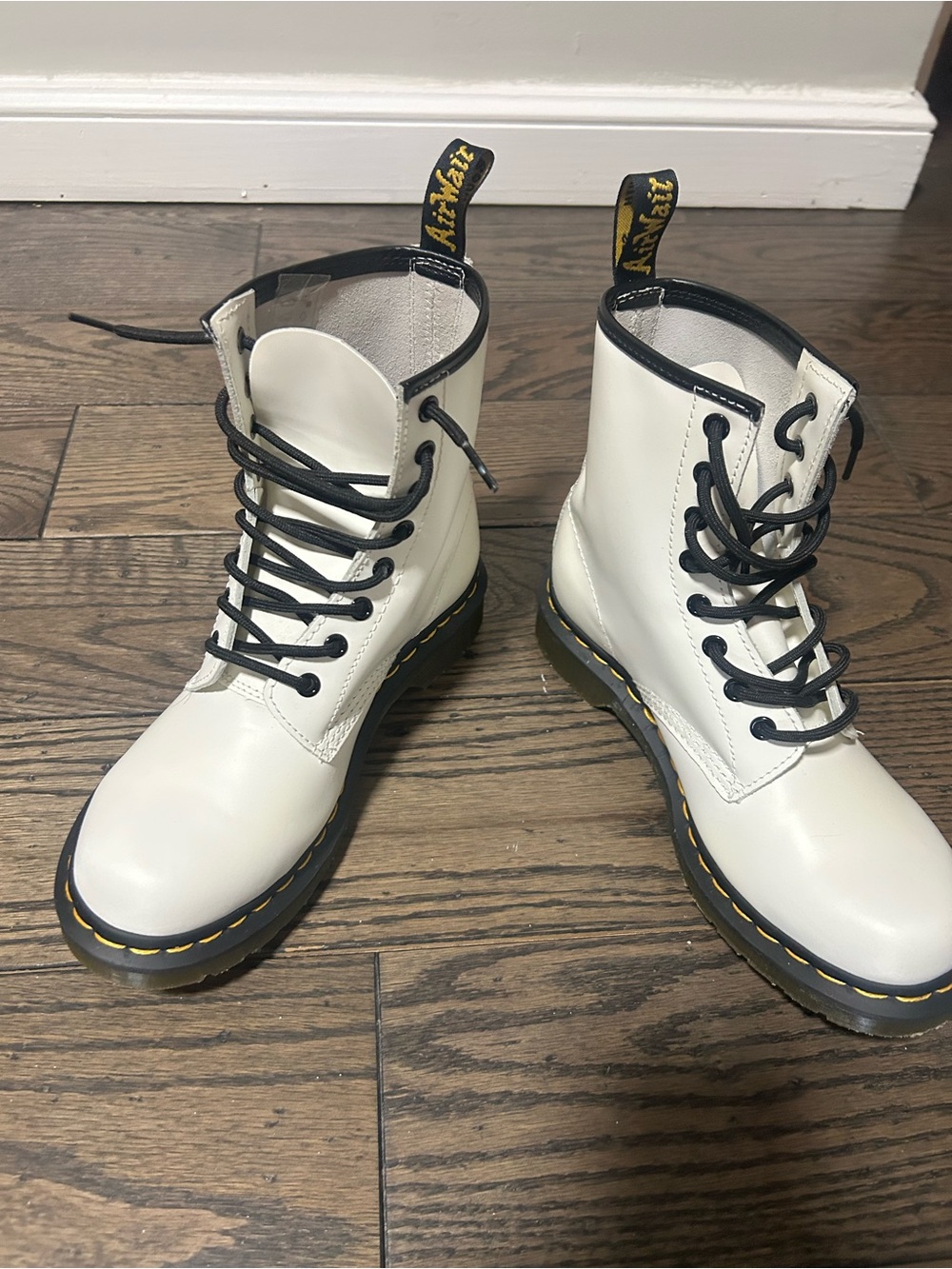 Dr. Martens White Leather Combat Boots with Black Trim
